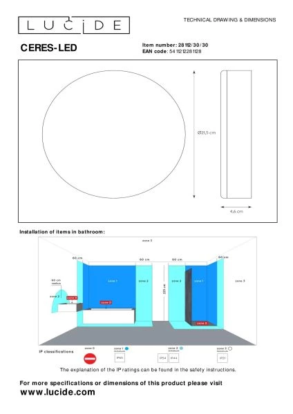 Lucide CERES-LED - Plafonnière Badkamer - Ø 21,5 cm - LED Dimb. - 1x30W 3000K - IP44 - Zwart - technisch